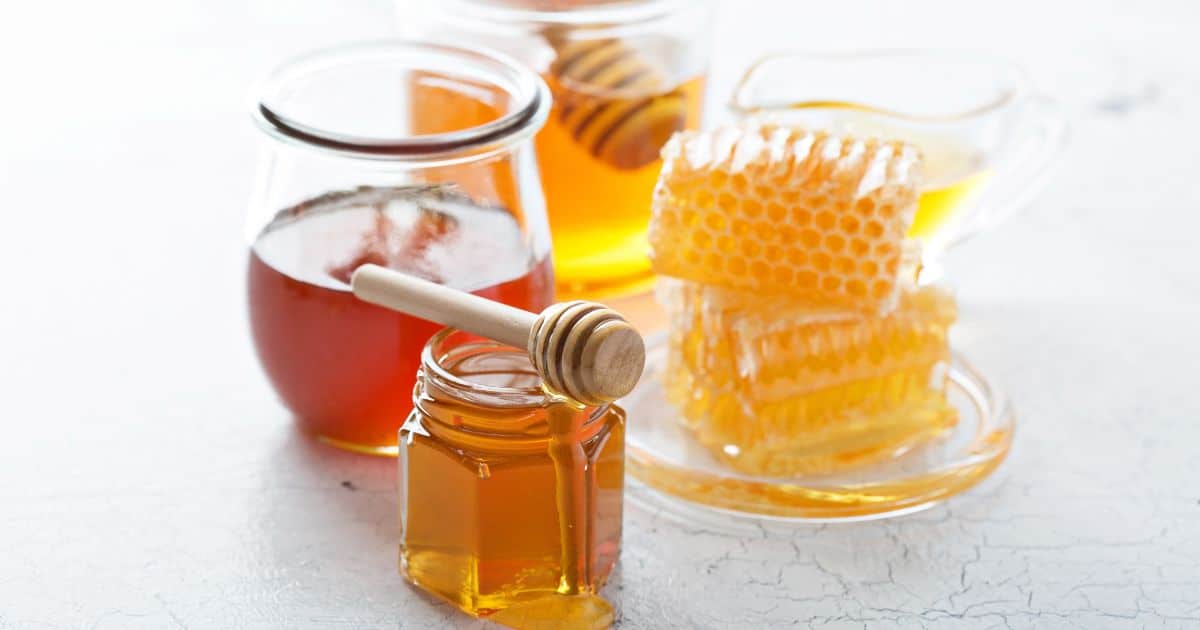 Different types of honey and honeycomb in glass jars